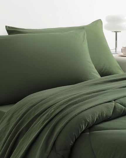 NTBAY Twin Comforter Set with Sheets, 5 Pieces Soft and Breathable Twin Bedding Set, Twin Bed in a Bag, Down Alternative Comforter Set Solid Color All Season, Kids Bedding Set, Olive Green - LeafyLoom