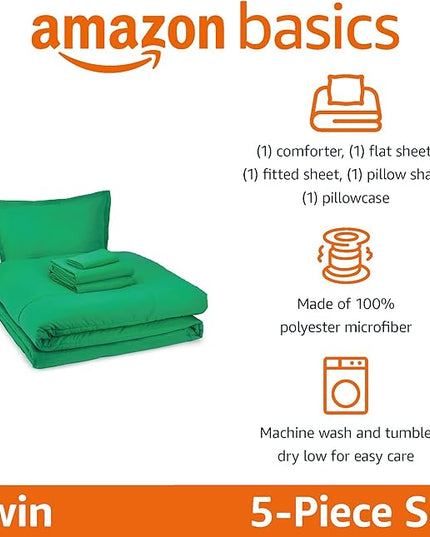Amazon Basics 5 Piece Microfiber Kid's Bed-in-a-Bag Bedding Set, Twin, Green, Solid - LeafyLoom