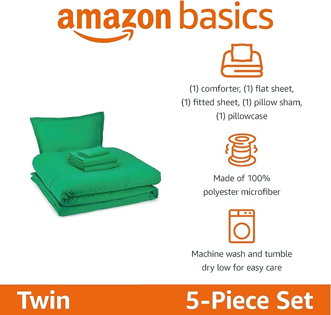 Amazon Basics 5 Piece Microfiber Kid's Bed-in-a-Bag Bedding Set, Twin, Green, Solid - LeafyLoom