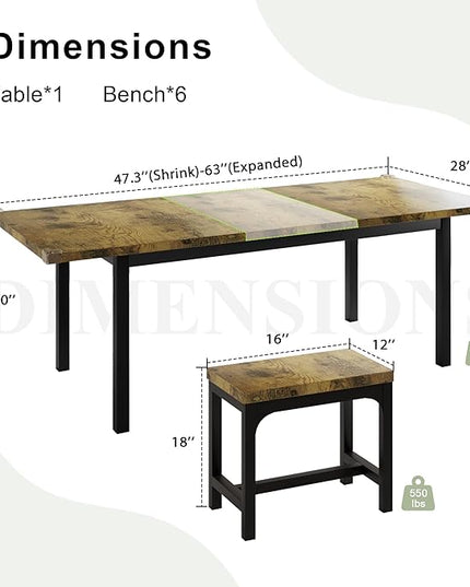 Feonase 7-Piece Dining Table Set with 6 Stools, 63" Large Extendable Kitchen Table Set for 4-8, Mid-Century Dining Room Table with Heavy-Duty Frame, Easy Assembly, Rustic Brown - LeafyLoom