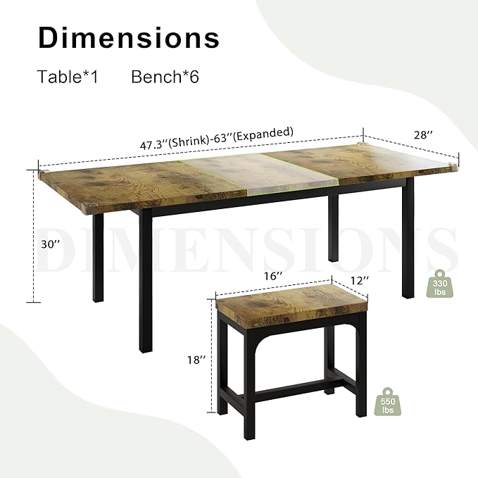 Feonase 7-Piece Dining Table Set with 6 Stools, 63" Large Extendable Kitchen Table Set for 4-8, Mid-Century Dining Room Table with Heavy-Duty Frame, Easy Assembly, Rustic Brown - LeafyLoom