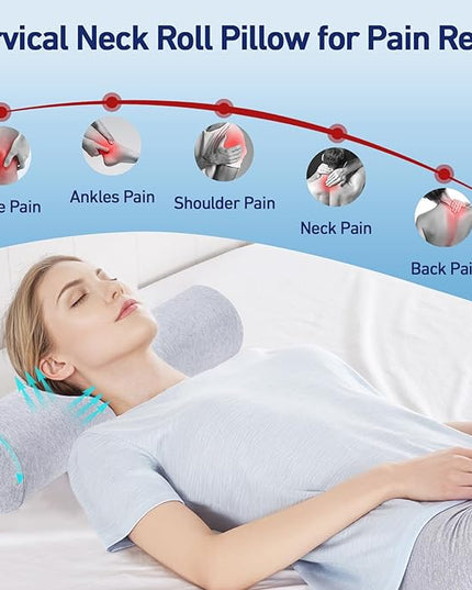 Neck Roll Pillow - Memory Foam Neck Roll Pillow for Sleeping - Ergonomic Neck Roll Pillow for Cervical Support & Neck Pain Relief, Versatile Round Bolster Pillow for Legs, Back (Grey) - LeafyLoom