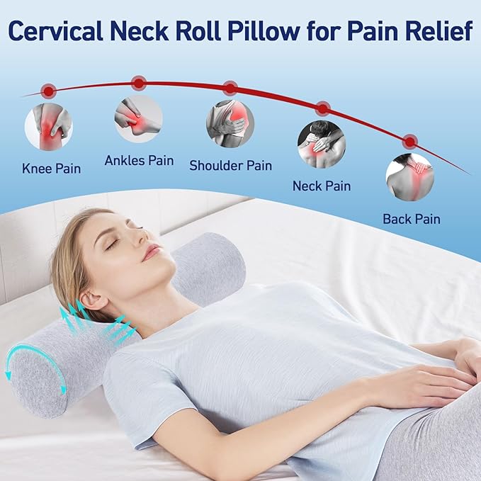 Neck Roll Pillow - Memory Foam Neck Roll Pillow for Sleeping - Ergonomic Neck Roll Pillow for Cervical Support & Neck Pain Relief, Versatile Round Bolster Pillow for Legs, Back (Grey) - LeafyLoom