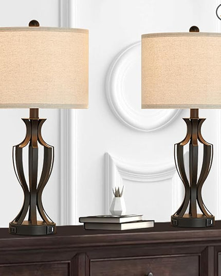 23.25'' Metal Table Lamp Set of 2 for Living Room, 3-Way Touch Control Black Iron Scroll Table Lamps with USB Ports and AC Outlets(Bulbs Included) - LeafyLoom