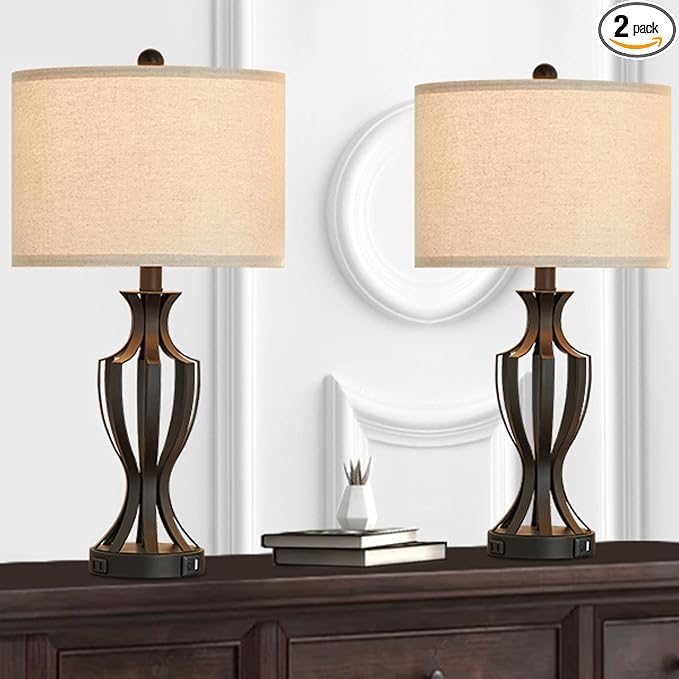 23.25'' Metal Table Lamp Set of 2 for Living Room, 3-Way Touch Control Black Iron Scroll Table Lamps with USB Ports and AC Outlets(Bulbs Included) - LeafyLoom