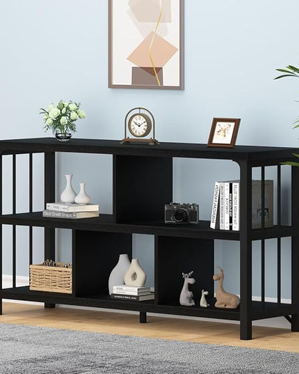 IBF Horizontal Cube Book shelf, Industrial Modern Open Bookshelf, Low Wide Home 5 Cube Storage Organizer Long Shelf for Bedroom, Short Wood and Metal Cubby Book Shelf for Living Room, Black Oak, 47 In - LeafyLoom