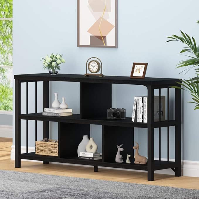 IBF Horizontal Cube Book shelf, Industrial Modern Open Bookshelf, Low Wide Home 5 Cube Storage Organizer Long Shelf for Bedroom, Short Wood and Metal Cubby Book Shelf for Living Room, Black Oak, 47 In - LeafyLoom