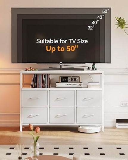 AODK TV Stand with Power Outlet, 40" Long TV Stand with 6 Large Fabric Drawers, Entertainment Center with Open Shelves for 55 Inch TV, Living Room, White Leather - LeafyLoom