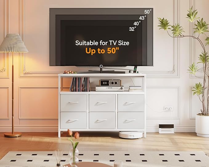 AODK TV Stand with Power Outlet, 40" Long TV Stand with 6 Large Fabric Drawers, Entertainment Center with Open Shelves for 55 Inch TV, Living Room, White Leather - LeafyLoom