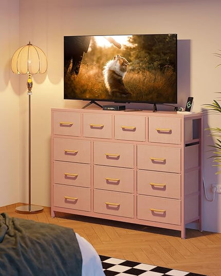 ODK Dresser with Charging Station, 57-Inch Long Dresser TV Stand for Bedroom, Large Dresser with 13 Storage Drawers, Chest of Drawers Easy-Pull Fabric Dressers for Living Room, Pink - LeafyLoom