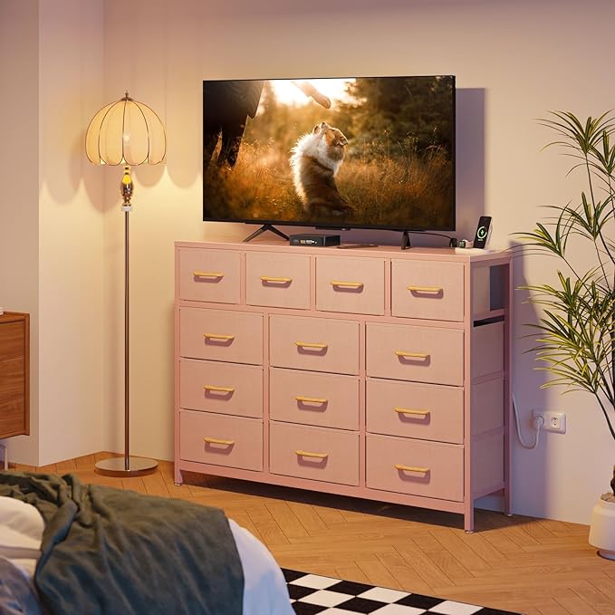 ODK Dresser with Charging Station, 57-Inch Long Dresser TV Stand for Bedroom, Large Dresser with 13 Storage Drawers, Chest of Drawers Easy-Pull Fabric Dressers for Living Room, Pink - LeafyLoom