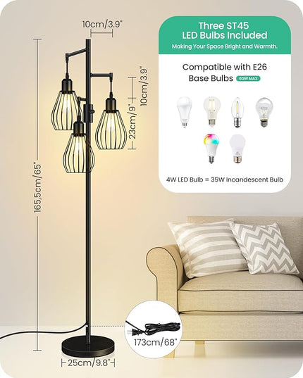 Farmhouse Dimmable Floor Lamp, Industrial Tall Standing Tree Lamp with 3 Elegant Teardrop Cage Heads, 4W 3 LED Bulbs Included, Rustic Standing Lamp for Living Room, Bedroom, Black B01LD05 - LeafyLoom