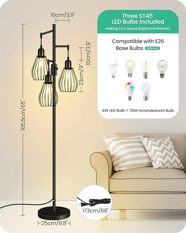 Farmhouse Dimmable Floor Lamp, Industrial Tall Standing Tree Lamp with 3 Elegant Teardrop Cage Heads, 4W 3 LED Bulbs Included, Rustic Standing Lamp for Living Room, Bedroom, Black B01LD05 - LeafyLoom