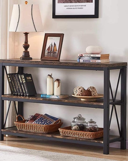 BON AUGURE Industrial Sofa Console Table for Entryway, 3 Tier Foyer Table for Hallway, Rustic Hall Tables Behind Couch (47 Inch, Rustic Brown) - LeafyLoom