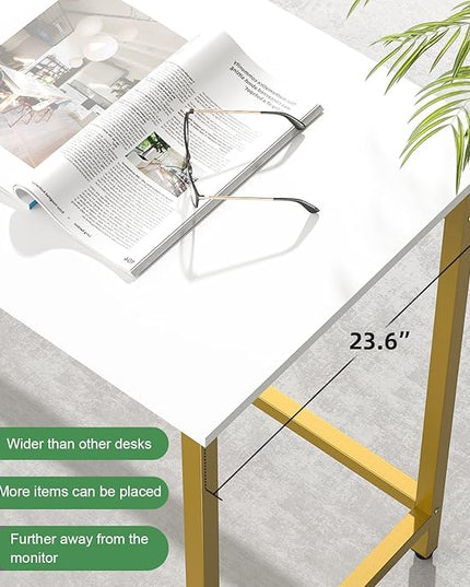 Elephance 59" L Shaped Desk Corner Computer Desk Gaming Table with Monitor Stand Workstation for Home Office (Large, White+ Gold Frame) - LeafyLoom
