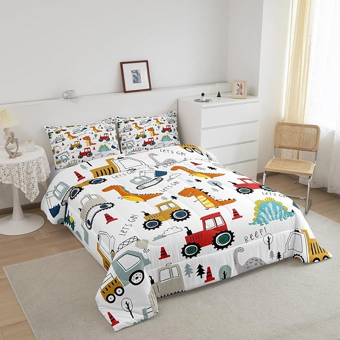 Feelyou Construction Comforter Set Kids Cartoon Dinosaur Comforter Cover Set for Boys Equipment Trucks Bedding Set Construction Vehicles Kawaii Jungle Dino Duvet Set Room Decor Quilt Set Queen Size - LeafyLoom