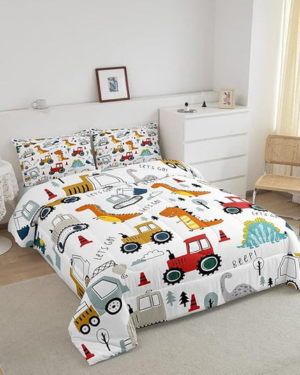 Feelyou Construction Comforter Set Kids Cartoon Dinosaur Comforter Cover Set for Boys Equipment Trucks Bedding Set Construction Vehicles Kawaii Jungle Dino Duvet Set Room Decor Quilt Set Full Size - LeafyLoom