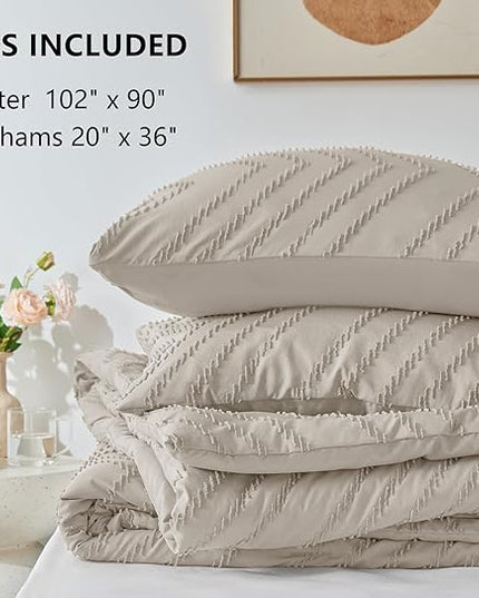 CozyLux King Size Comforter Set Beige - 3 Pieces Boho Tufted Shabby Chic Bedding Comforter Set for All Seasons, Chevron Bedding Sets with Comforter & 2 Pillow Shams - LeafyLoom