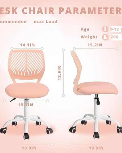 FurnitureR Teens Girls Task Chair 360 Swivel, Low Mid PP Mesh Back Fabric Seat, Height Adjustable, Rolling Castor, W15.7inces x D15.2inces x H29.5-34.2inches (Rose) - LeafyLoom