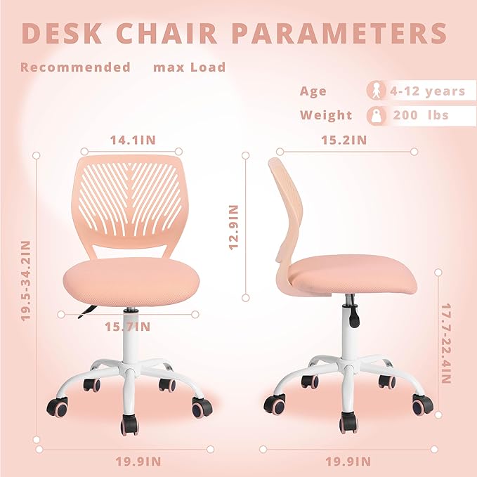 FurnitureR Teens Girls Task Chair 360 Swivel, Low Mid PP Mesh Back Fabric Seat, Height Adjustable, Rolling Castor, W15.7inces x D15.2inces x H29.5-34.2inches (Rose) - LeafyLoom