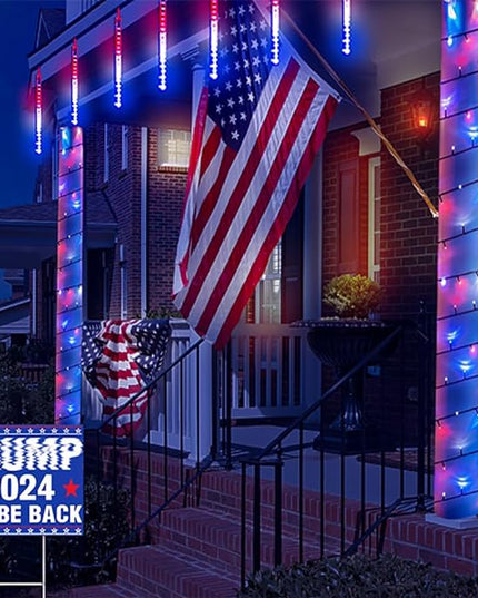 Kwaiffeo 4th of July Decorations Outdoor, Red White Blue Meteor Shower Lights for Independence National Memorial Day, Patriotic Flag Lights for 2024 American President Election Campaign, 8 Tubes Kwaiffeo