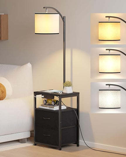 SUNMORY Floor Lamp with Table & 2 Drawers, Lamp with USB Port and Outlet, Lamps for Nightstand with 3 Color Temperature Led Bulb Included, Floor Lamps for Living Room, Bedroom and Home Office, Black - LeafyLoom