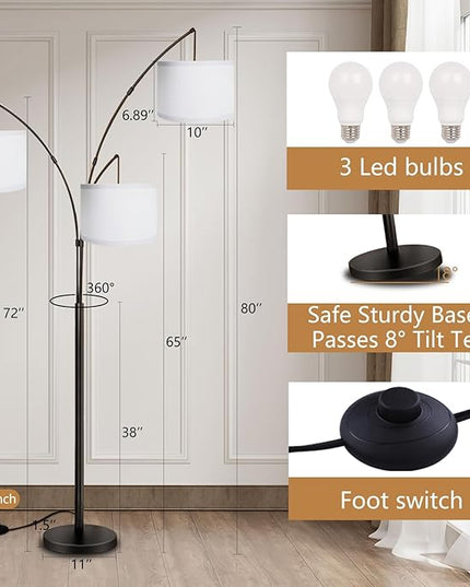 Arc Floor Lamp for Living Room with Remote Control, Dimmable Modern Mid Century 3 Lights Arched Tall Floor Lamp, Adjustable Standing Corner Lamp for Living Room Bedroom Office (Black+White Shade) - LeafyLoom