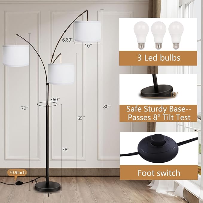 Arc Floor Lamp for Living Room with Remote Control, Dimmable Modern Mid Century 3 Lights Arched Tall Floor Lamp, Adjustable Standing Corner Lamp for Living Room Bedroom Office (Black+White Shade) - LeafyLoom