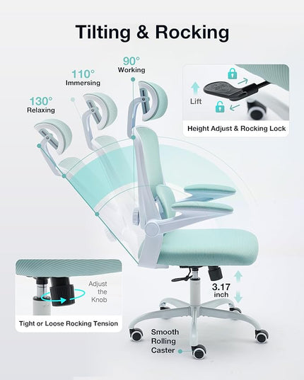 Ergonomic Office Chair with Tilt-Lock, Home Office Desk Chair with Auto Lumbar Support, High Back Mesh Desk Chair with Adjustable Headrest, Swivel Task Chair or Study Room Bedroom,Lake Blue - LeafyLoom