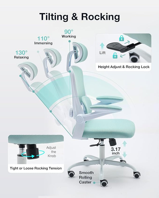 Ergonomic Office Chair with Tilt-Lock, Home Office Desk Chair with Auto Lumbar Support, High Back Mesh Desk Chair with Adjustable Headrest, Swivel Task Chair or Study Room Bedroom,Lake Blue - LeafyLoom