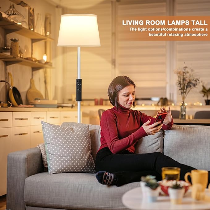 【Upgraded】Floor Lamps for Living Room, Modern Floor Lamp with Remote Control, Dimmable Colors Temperature Standing Lamp Foot Switch, 9W Bulb Tall Lamps for Bedroom Office Kid Room - Silver - LeafyLoom