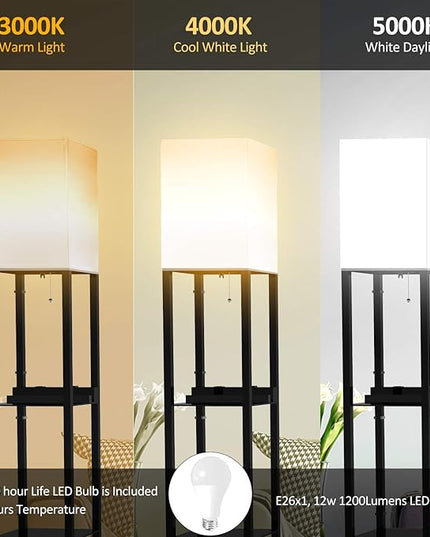 PAZZO Floor Lamp with Shelves, Shelf Lamps by Real Solid Wood with 2 Charging Ports and 1 Power Outlet, Floor Lamps for Bedrooms, Lamps for Living Room,Bulb Included,Matt Black - LeafyLoom