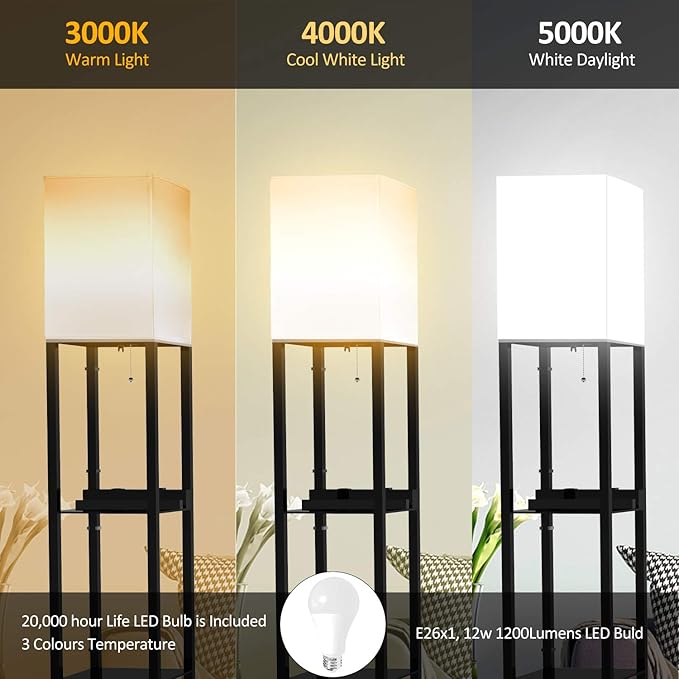 PAZZO Floor Lamp with Shelves, Shelf Lamps by Real Solid Wood with 2 Charging Ports and 1 Power Outlet, Floor Lamps for Bedrooms, Lamps for Living Room,Bulb Included,Matt Black - LeafyLoom