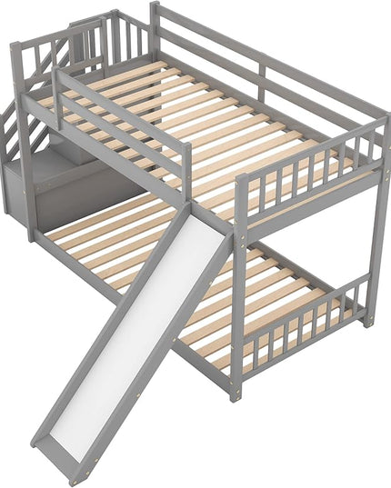 Twin Bunk Bed with Convertible Slide and Stairs, Wooden Low BunkBed Frame for Kids Teens Bedroom, Dorm, Gray - LeafyLoom