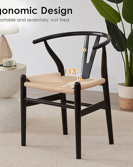Farini Wishbone Chairs for Dining Room Solid Wood Rattan Chair Armchairs Y Shaped Backrest Hemp Seat for Home Restaurant Fully-Assembled(Set of 2,Black-Beige Seat) - LeafyLoom