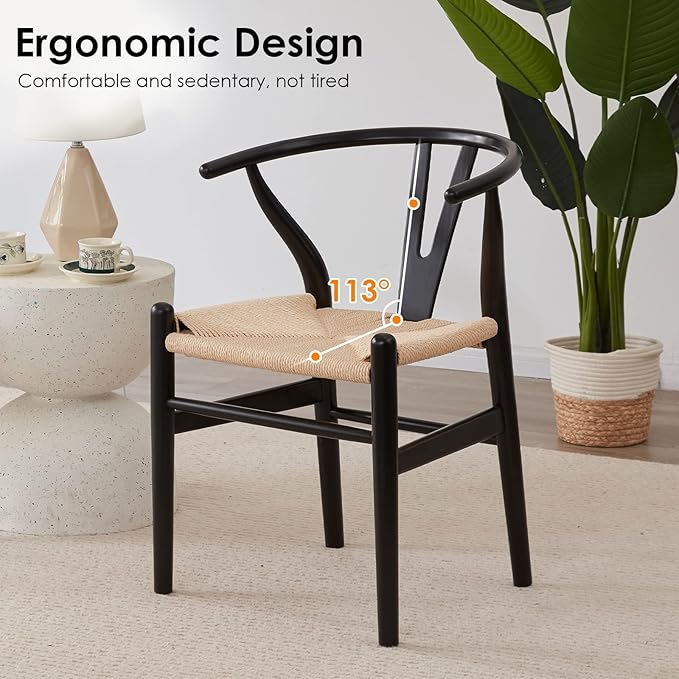 Farini Wishbone Chairs for Dining Room Solid Wood Rattan Chair Armchairs Y Shaped Backrest Hemp Seat for Home Restaurant Fully-Assembled(Set of 2,Black-Beige Seat) - LeafyLoom
