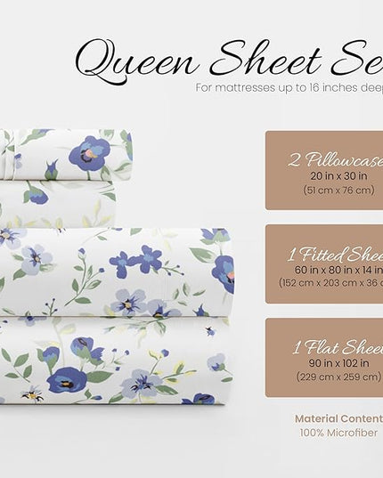 Linen Market 4 Piece Queen Sheet Set (Light Blue Floral) - Sleep Better Than Ever with These Ultra-Soft & Cooling Bed Sheets for Your Queen Size Bed - Deep Pocket Fits 16" Mattress - LeafyLoom
