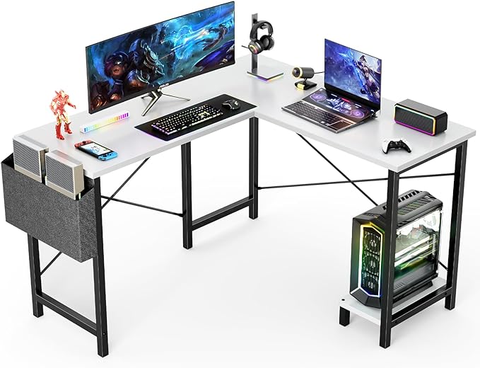 DUMOS Wood Computer Desk PC Gaming Table with Side Storage Bag for Home Office Small Spaces, White, 50 Inch - LeafyLoom