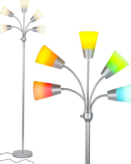 Brightech Medusa Modern LED Floor Lamp – Multi Head Floor Lamp for Living Rooms & Offices – Tall Lamp with Interchangeable Shade, Standing Lamp with 5 LED Bulbs for Hobbies - Silver - LeafyLoom