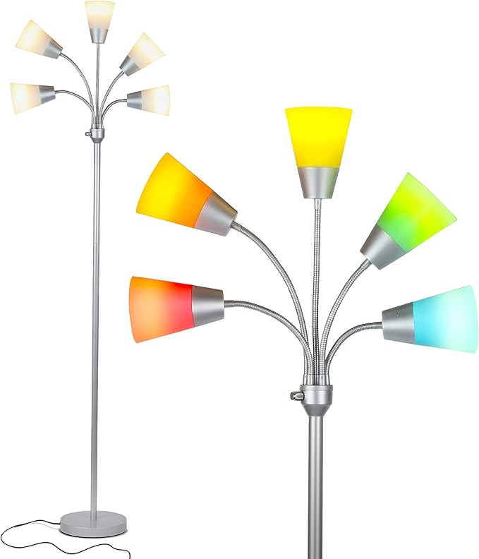 Brightech Medusa Modern LED Floor Lamp – Multi Head Floor Lamp for Living Rooms & Offices – Tall Lamp with Interchangeable Shade, Standing Lamp with 5 LED Bulbs for Hobbies - Silver - LeafyLoom