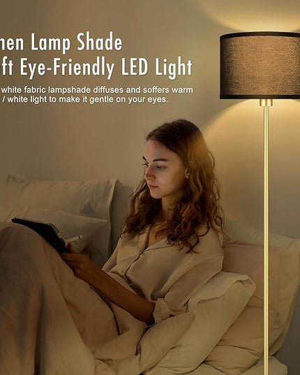BoostArea Gold Floor Lamp Standing Lamp, 9W LED Floor Lamps with 3 Color Temperatures, Simple Tall Lamp with Linen Lampshade, On/Off Footswitch, Pole Lamps for Living Room, Bedroom, Office, Black - LeafyLoom
