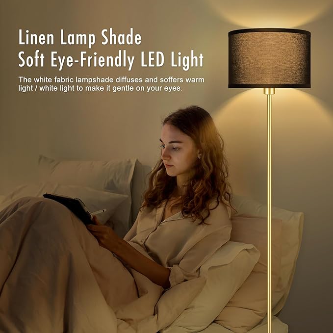 BoostArea Gold Floor Lamp Standing Lamp, 9W LED Floor Lamps with 3 Color Temperatures, Simple Tall Lamp with Linen Lampshade, On/Off Footswitch, Pole Lamps for Living Room, Bedroom, Office, Black - LeafyLoom