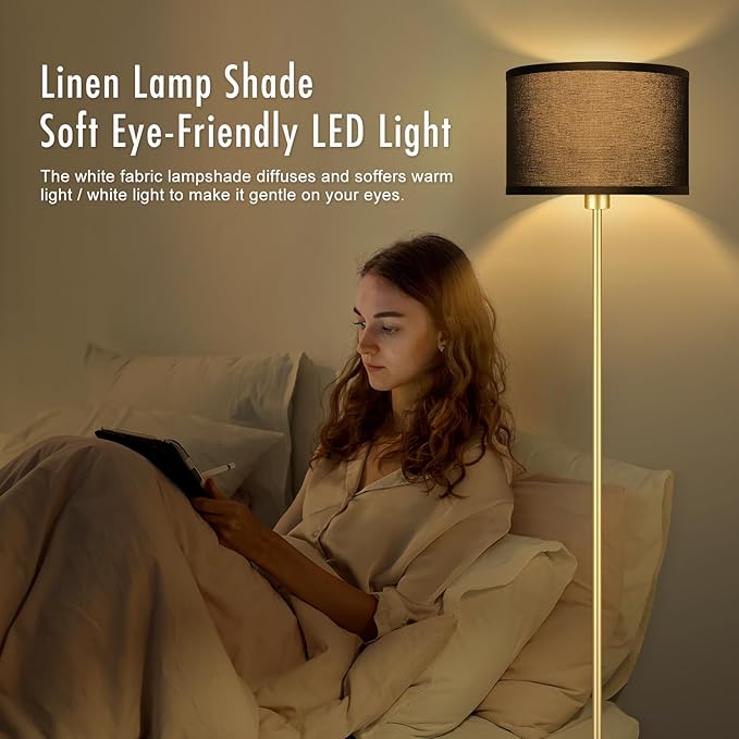 Gold Floor Lamps for Living Room Bedroom, Bright Modern Standing Lamp with 3 Color Temperatures(9W Bulb), Black Lamp Shade, 59" Tall, Footswitch, Simple Reading Floor Lamps Corner Lamp for Office/Den - LeafyLoom