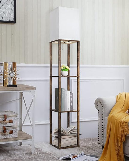 Dott Arts Floor Lamp with Shelves, 3 Color Temperature LED Bulb, Wood Texture, Storage, Brown - LeafyLoom