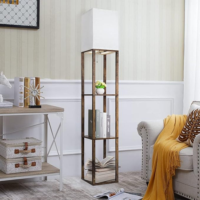 Dott Arts Floor Lamp with Shelves, 3 Color Temperature LED Bulb, Wood Texture, Storage, Brown - LeafyLoom
