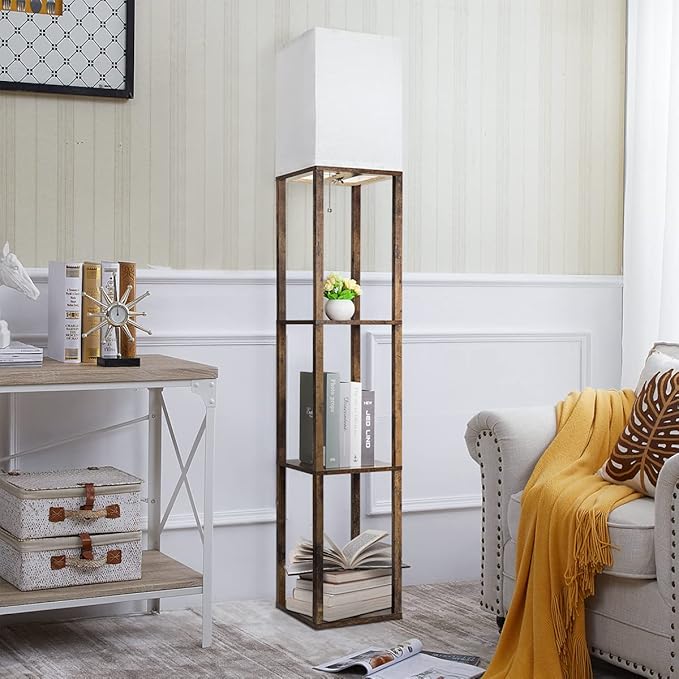 Dott Arts Floor Lamp with Shelves, 3 Color Temperature LED Bulb, Wood Texture, Storage, Brown - LeafyLoom