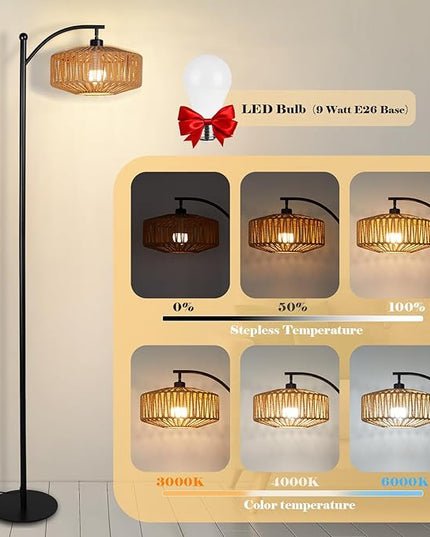 Floor Lamp with Remote, Rope Standing Lamps with LED Bulb, Boho Farmhouse Tall Pole Lamp with 3 Color Temperatures, Modern Black Floor Lamp for Living Room Bedroom Office Study - LeafyLoom