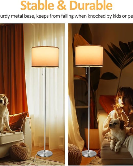 Floor Lamp, Modern Standing Lamps for Living Room with LED Bulb, 3 Color Temperature Simple Design Tall Lamps with Pull Chain Switch, Silver Pole Lamp with Lampshade for Office Reading - LeafyLoom