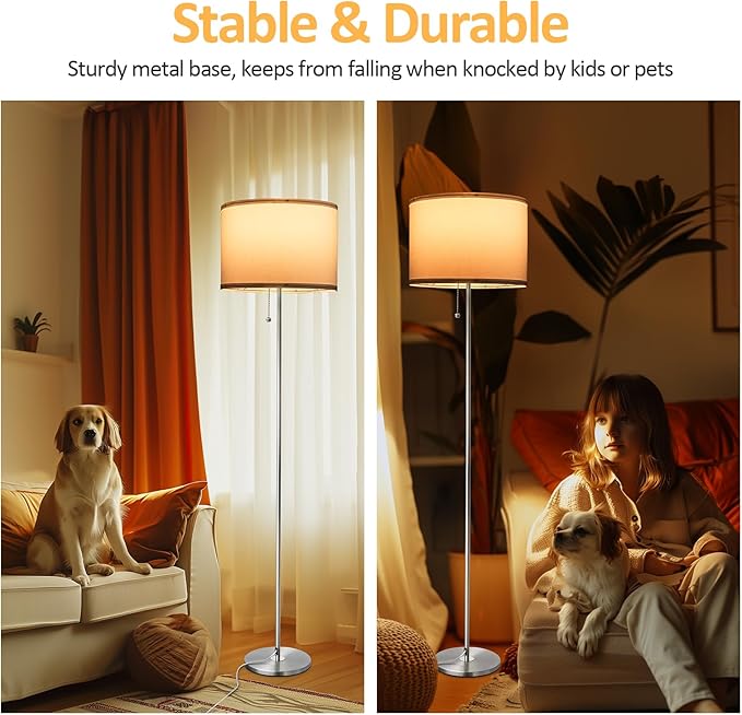 Floor Lamp, Modern Standing Lamps for Living Room with LED Bulb, 3 Color Temperature Simple Design Tall Lamps with Pull Chain Switch, Silver Pole Lamp with Lampshade for Office Reading - LeafyLoom