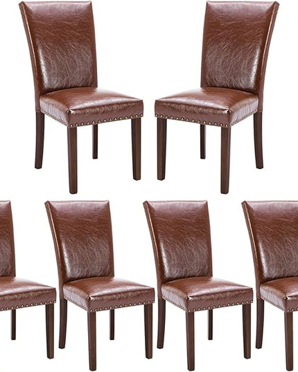 COLAMY Upholstered Parsons Dining Chairs Set of 6, PU Leather Dining Room Kitchen Side Chair with Nailhead Trim and Wood Legs - Light Brown - LeafyLoom